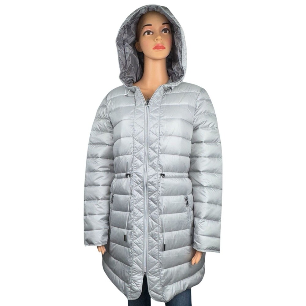 Kenneth Cole Womens Small Jacket Grey Quilted Anorak Hooded Parka Puffer Coat Sm